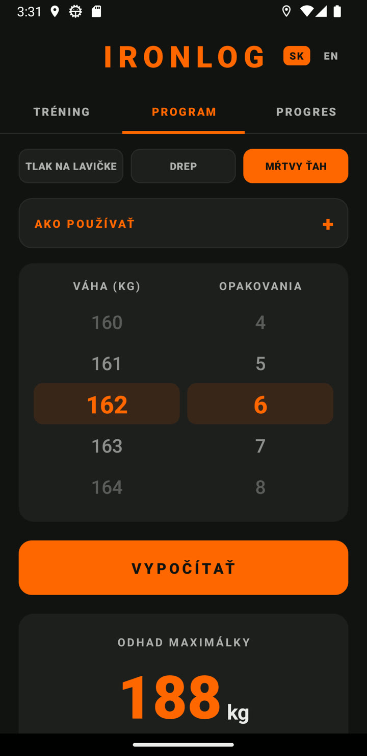 Mŕtvy ťah — 162 kg × 6 dáva odhad maxima 188 kg