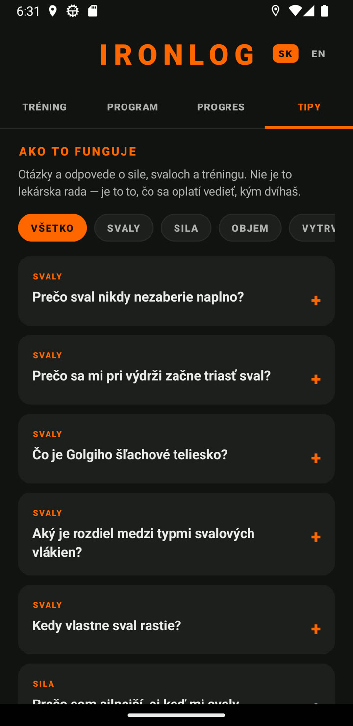 Záložka Tipy — karty otázok s filtrom kategórií